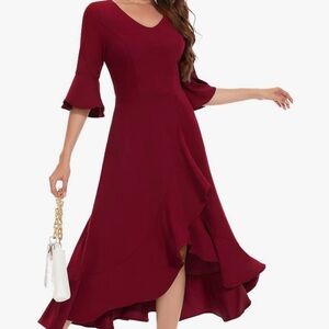 Chic V-Neck High Low Dress in Burgundy